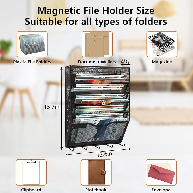 6 Tier Magnetic File Holder with Hook, Magnetic File Organizer Folder Holder, Wall File Organizer, Hanging Magnetic Paper Holder for File Cabinets, Office, Whiteboard, Magnetic Mail Holder