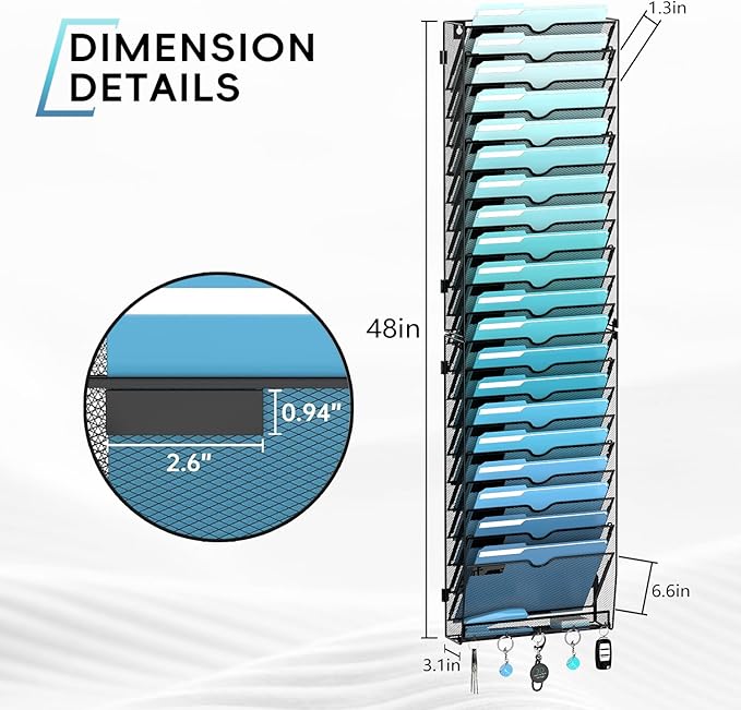21-Tier Hanging Wall File Organizer with 5 Hooks, Wall File Holder with Labels, Vertical Wall Mount Mail Organizer for Papers, Folders, Magazines, Office Organization, Assembly Needed, Black