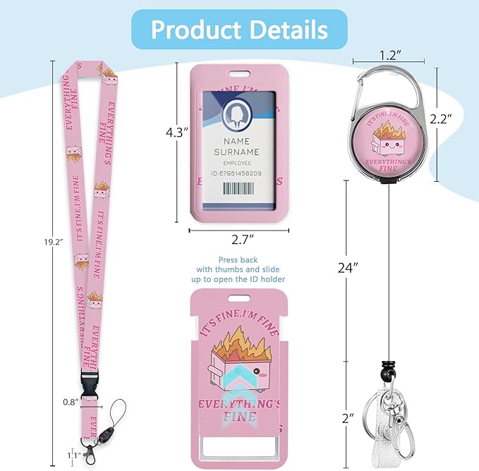 Gctriki ID Badge Holder with Lanyard, Dumpster on Fire Lanyard for Keys, Funny I'm Fine Retractable Badge Reel Clip, Teacher Lanyards for ID Badges Holder, Nurse Teacher Workers Women Office Gifts