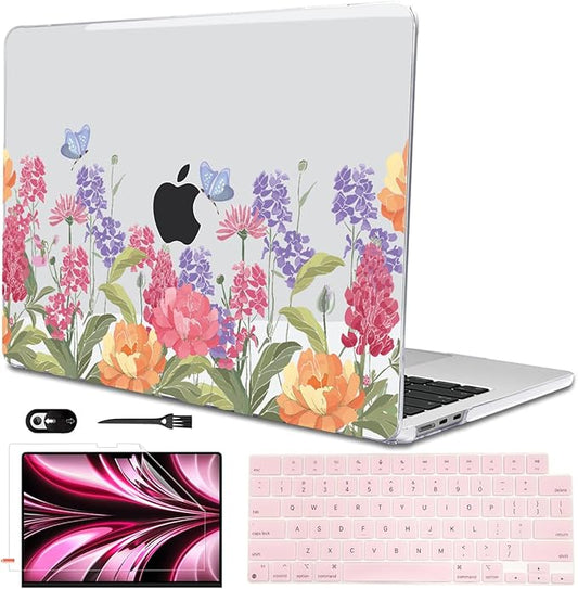 Compatible with MacBook Air 13.6 inch Case 2025 2024 2023 2022 Release A2681 A3113 A3420 Cover M4 M3 M2 Chip, Pattern Plastic Hard Shell Case Screen Film Keyboard Skin, Pink & Purple Flowers