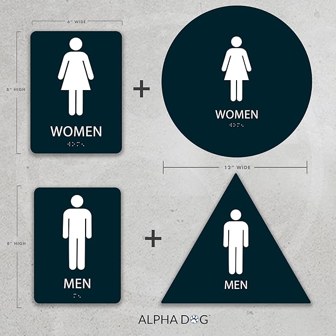 ALPHA DOG ADA SIGNS Men's Women's Restroom Sign Bundle 6x9 inch ADA Compliant Business Wall Mount Indoor Outdoor Easy Install USA Made (Black)