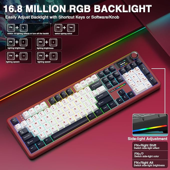 AULA F108 PRO - Wireless Mechanical Keyboard with Screen&Knob,Hot Swappable Gaming Keyboard with 8000mAh Battery,Pre-lubed Switches,RGB Backlit,PBT Keycaps Creamy Sounding Computer Keyboards,104 Keys