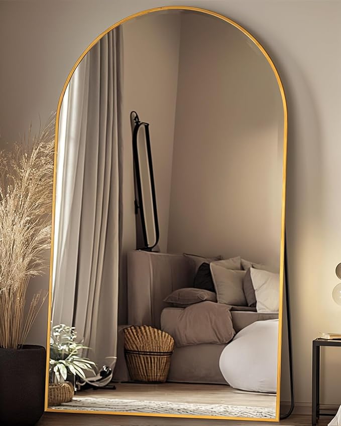 Full Length Mirror, 91"x46" Oversized Floor Mirror Freestanding, Full Body Mirror Floor Standing Mirrors with Stand, Hanging Mounted Mirrors for Bedroom Living Room, Gold, Arched Style