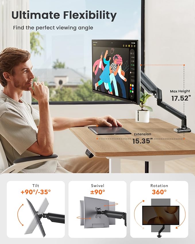 ErGear Single Monitor Arm for 13-34 inch Screens, Adjustable Gas Spring Monitor Mount Holds up to 22 lbs, Computer Monitor Stand with VESA Mount, C-Clamp & Grommet Base, Max VESA 100x100mm,