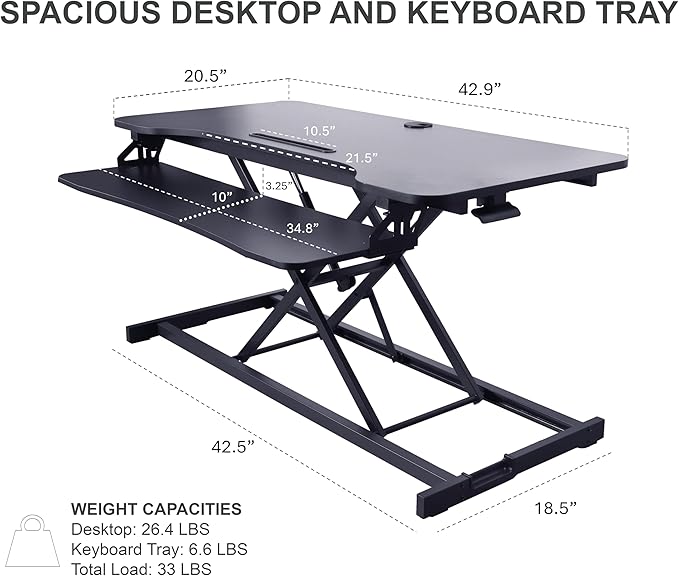 Rocelco 43" Height Adjustable Standing Desk Converter with Dual Monitor Arm Mount - Tall Stand Up Tabletop Riser and Tablet Slot - Computer Workstation - Deep Keyboard Tray - Black (R VADRB-43-DM2)