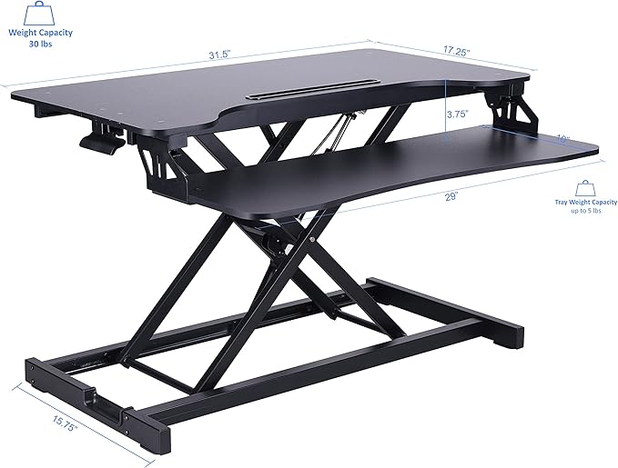 Rocelco Standing Desk Converter 31.5 Inch Sit Stand Up Dual Monitor Tabletop Riser with Tablet Mount, Height Adjustable Home Office Workstation - Deep Keyboard Tray for Laptop Mouse - Black (R VADRB)