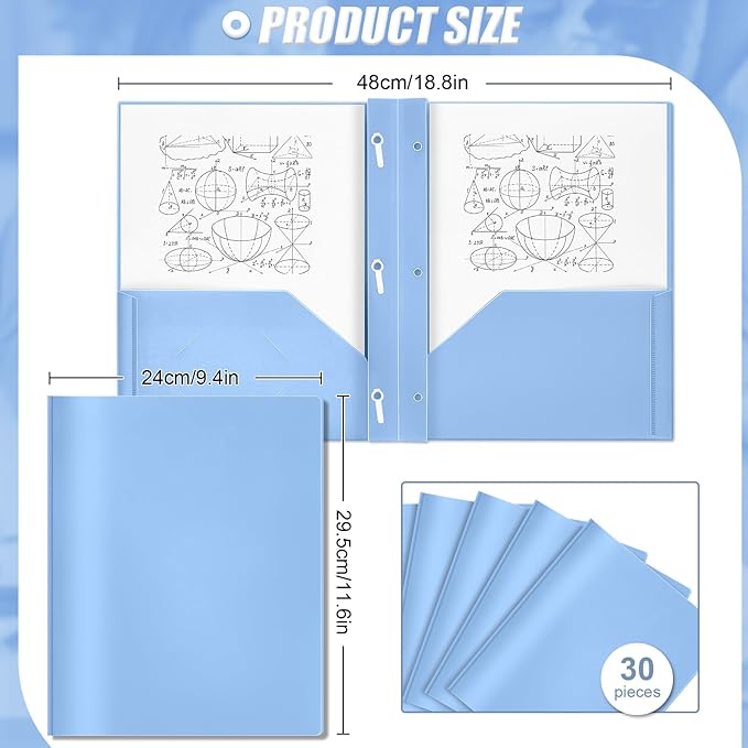 Yeaqee 30 Pcs Plastic Folders with Pockets and Prong Plastic Folders with 2 Pockets Pocket for Office, School for Students, Teachers, Office Workers (Haze Blue)