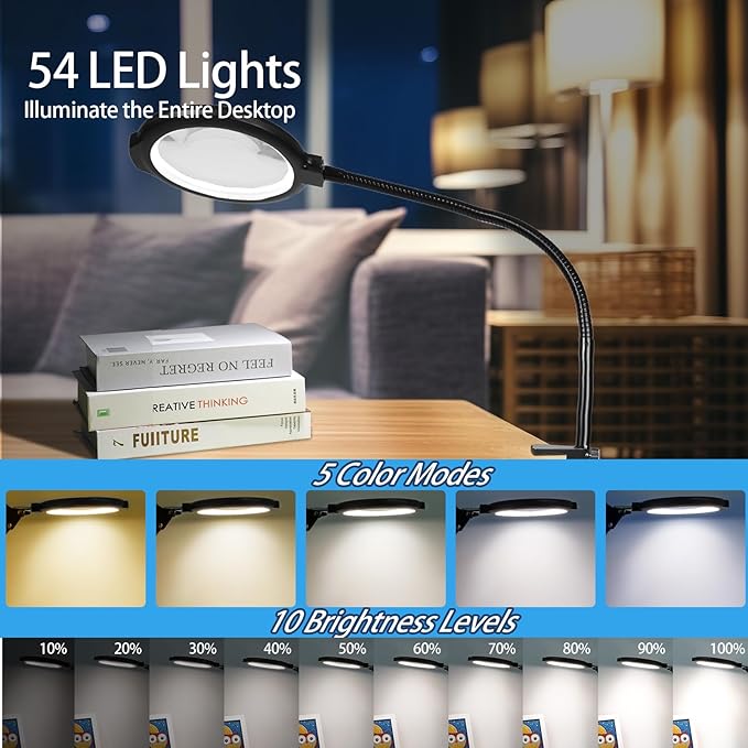 12X Large Magnifying Glass with Light and Floor Stand, Flexible Gooseneck Floor Lamp, 5.2" Lighted Magnifier Hands Free with 5 Color Mode 10 Adjustable Brightness, Clamp for Close Work,Sewing, Repair