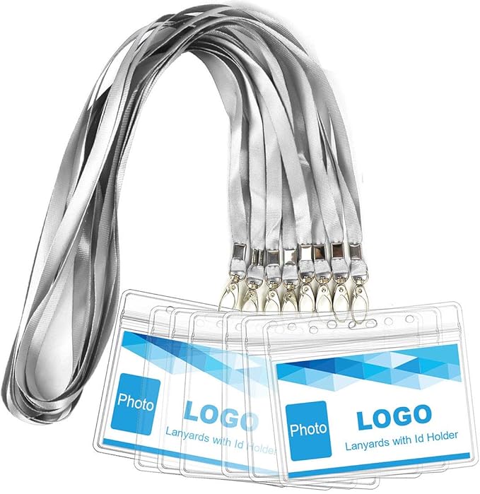 Lanyard with ID Holder 50 Pcs Waterproof Name Tag Badge ID Card Holders ID Pass Holder and 50 Pcs Flat Neck Lanyards Swivel Hook (Gray, Horizontal)