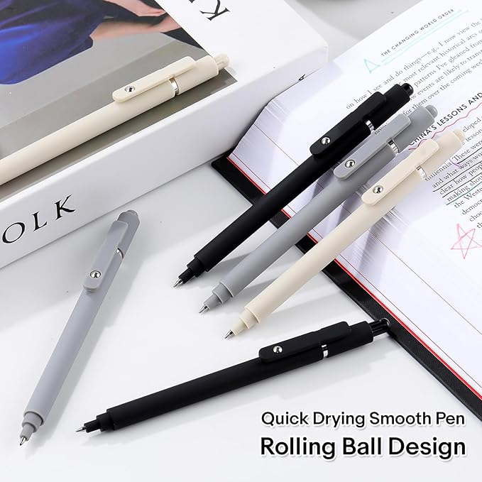 RIANCY Gel Pens 0.5mm Black Ink Ballpoint Aesthetic Beige Black Gray White Fine Point Writing Pretty Pen Cute Fancy Desk Accessories for Women Men Nurse Journaling Note Office School Supplies 6Pcs
