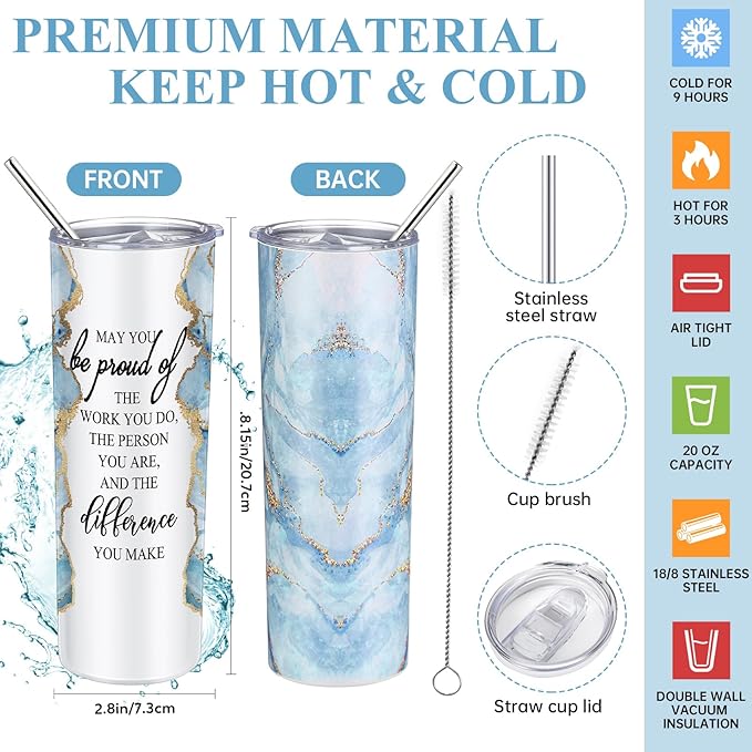 Domensi 6 Pcs Employee Appreciation Gift Set for Women Female Thank You Gift May You Be Proud 20 oz Rustic Marble Sign Tumbler Makeup Bag Journal for Teacher Nurse Lady Work Business(Blue)