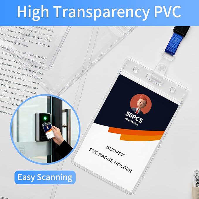 50 pcs Clear Vertical ID Badge Holder, Waterproof Plastic Name Tag Sleeve with Resealable Zip, 3.62" x 2.44"Card Protector for Nurse, Teacher, Student, Office, School Use