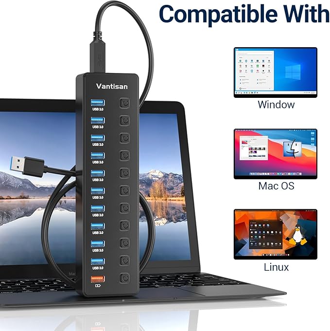 Powered USB Hub, 11-Port USB 3.0 Hub Splitter - 10 USB 3.0 Data Transfer Ports + 1 Smart Charging Port, USB Hub 3.0 Powered with Individual LED On/Off Switches and 5V/4A Power Adapter
