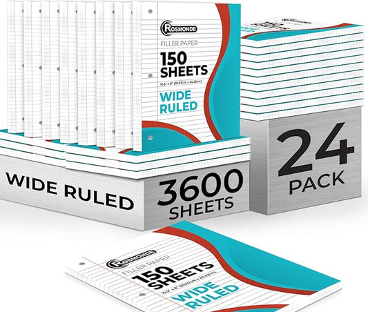Loose Leaf Paper Bulk, 3600 Sheets, Wide Ruled, 8 x 10.5", Bulk Filler Paper for Office, 56 Gsm Thick Sheets, 3 Hole Punched for Binders, 24 Pack, 150 Sheets/Pack, Notebook Papers, White
