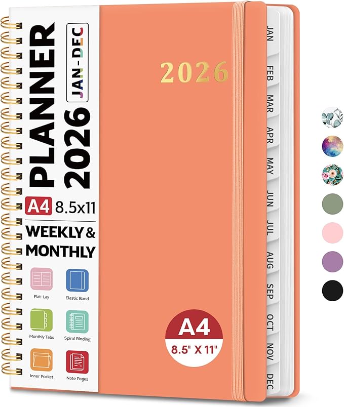 2026 Planner 8.5" x 11", Weekly and Monthly Calendar Planner Book, January 2026 - December 2026, Hardcover Spiral Planner with Monthly Tabs, Notes Pages, Perfect for Women & Men, A4 - Coral