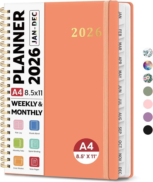 2026 Planner 8.5" x 11", Weekly and Monthly Calendar Planner Book, January 2026 - December 2026, Hardcover Spiral Planner with Monthly Tabs, Notes Pages, Perfect for Women & Men, A4 - Coral