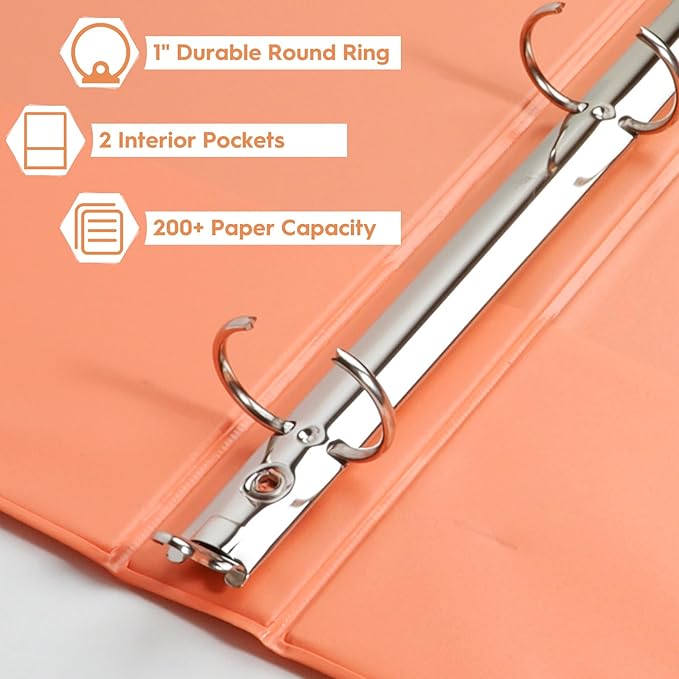 6-Pack 1-Inch Round Ring Binder, Standard 3 Ring Binder Fit Letter Size Paper, Presentation View Binders, Orange