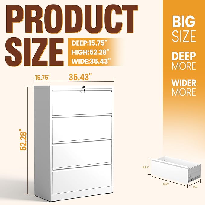 4-Drawer Lateral File Cabinet with Lock, Black Metal Filing Cabinet for Office or Home – Secure Storage for Letter/Legal/A4/F4 Documents, Easy to Assemble Locking File Organizer (White, 4 Drawer-52"H)