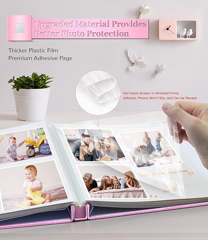 Photo Album Self Adhesive Scrapbook Album for 3x5 4x6 5x7 8x10 Pictures,60 Pages Linen Cover with Display Window DIY Photo Book,Ideal Gifts for Family Travel Wedding Baby