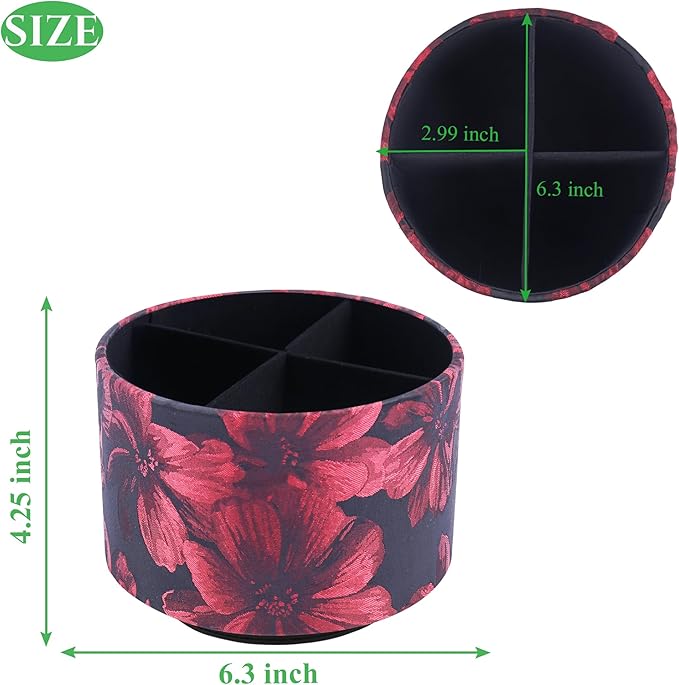 QIELIZI Round Leather Art Supply Organizer,Remote Control Holder,360 Degree Rotating,Multi-Functional Pencil Holder,4 Compartments Desktop Stationary Organizer(1-Dahlia Red)