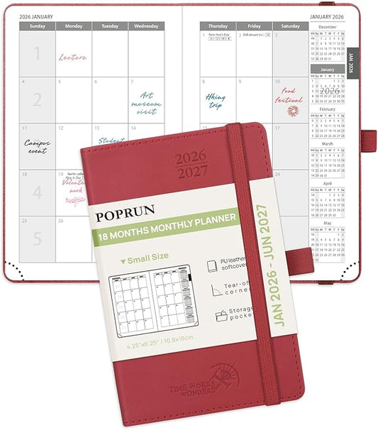 POPRUN Pocket Monthly Planner 2026-2027 (Pocket- 4''x 6.25'' Soft Leather Cover) - 18 Month Calendar Book for Purse (Jan.2026 - Jun. 2027), 100 GSM Thick Paper - Burgundy
