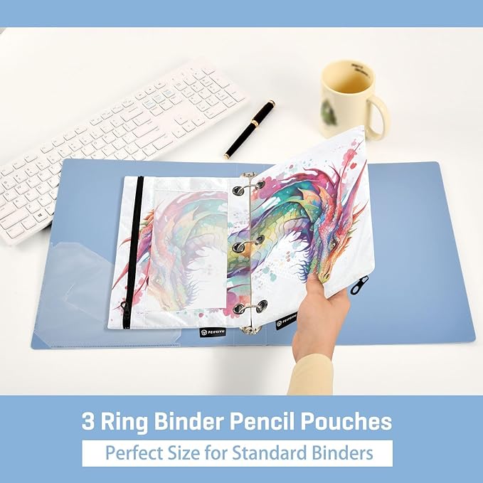 Watercolor Dragon Pencil Pouch for 3 Ring Binder, 2 Pack Waterproof Pencil Bags Clear Window Zipper School Office Supplies