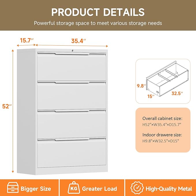 File Cabinet, 4 Drawer Metal File Cabinet with Lock, Lateral File Cabinet for Home and Office, Lateral File Cabinet for A4 Legal/Letter Size, Assembly Required (White, 4 Drawer)
