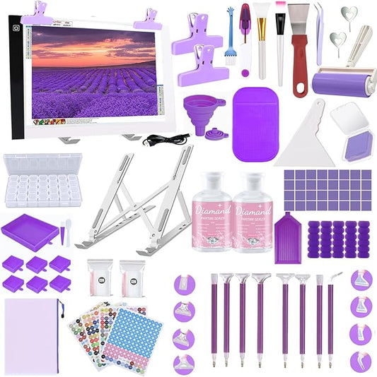 NLXCXUCY 158pcs Diamond Art Accessories Kit All-Inclusive Diamond Painting Tool Set with A4 Diamond Painting Light Pad,Diamond Art Sealer Glue,Diamond Correction,Pens Storage Box for DIY Craft