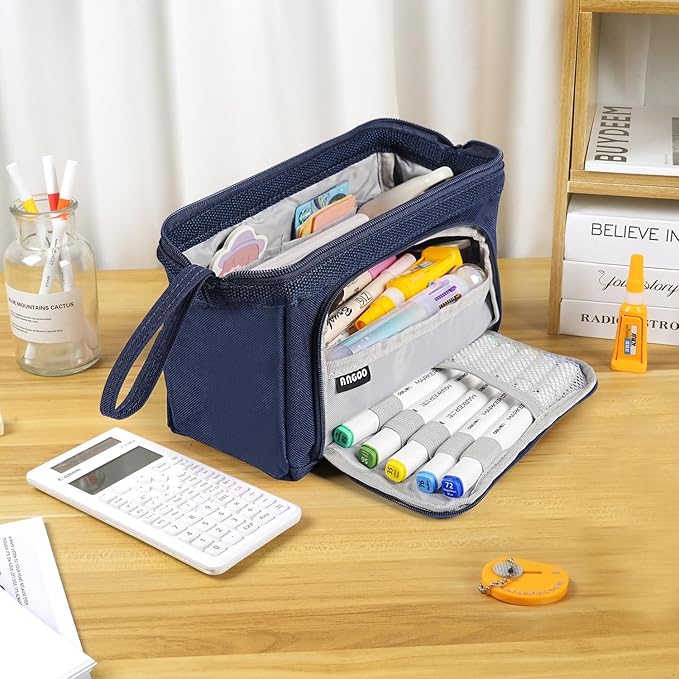 Pencil Case Pouch Large Capacity with Compartments, Pencil Case Pouch Bag with Zipper Handle for Teen Girls Boys Adults Women Men, Portable Pen Bag Stationery Organizer for Office School Travel, Navy