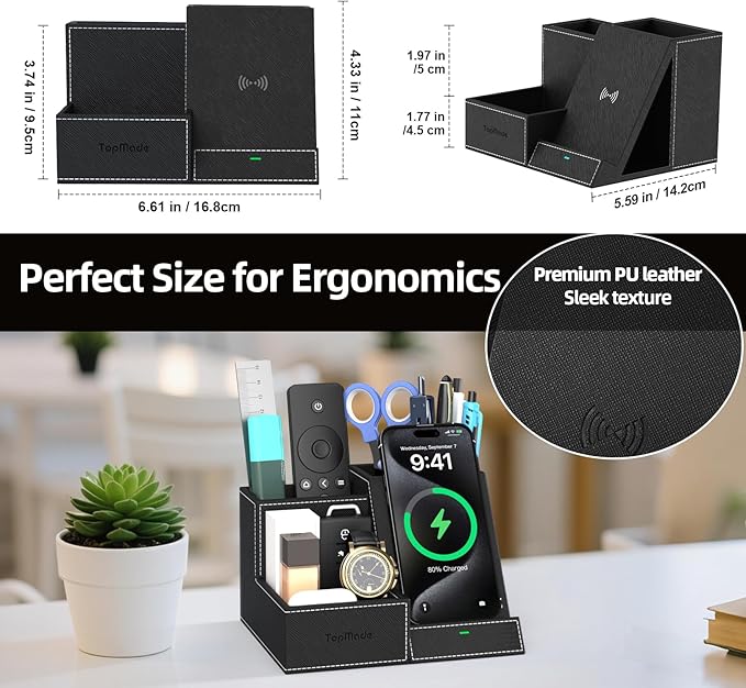 TopMade Wireless Charger with Desk Nightstand Organizer, PU Leather Pen Pencil Holder Fast Charging Station, Office Supplies for Iphone Charging Stand, Anniversary Birthday Gifts for Men(Black)