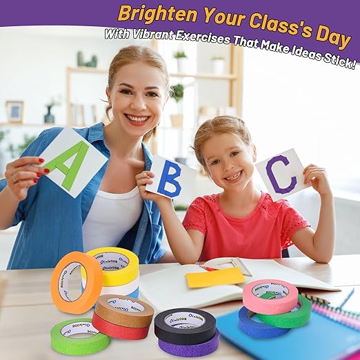 6 Rolls Colored Masking Tape-2 inch x 180 Yards Painters Tape, Rainbow Colors Rolls Bulk Kids Colorful Paper Marking Tape Decorative Arts Crafts Labeling DIY School Classroom Supplies