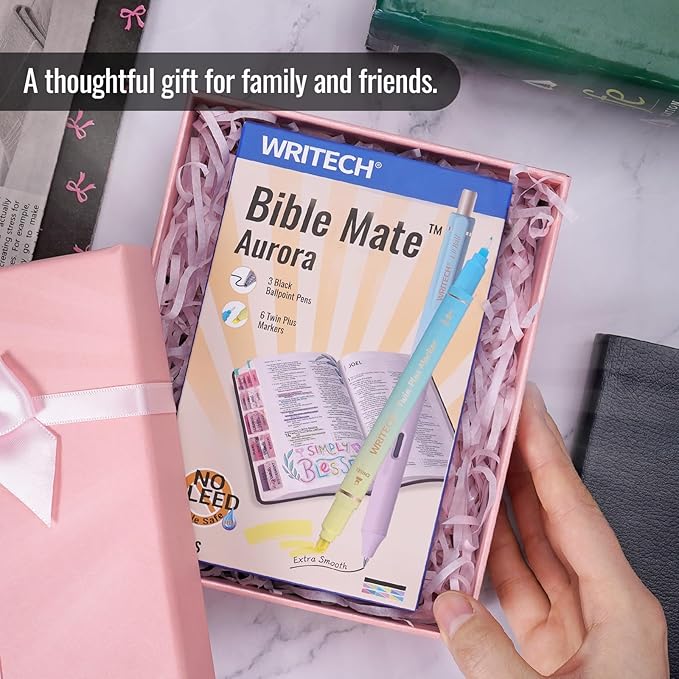 WRITECH Bible Mate Journaling Set: No Bleed Aesthetic Highlighters & 1.0 mm Black Ballpoint Pens, Bible Safe Dual Tip Highlighters, Pastel Colors, Fast-drying Ink, Journaling Kit, 9ct