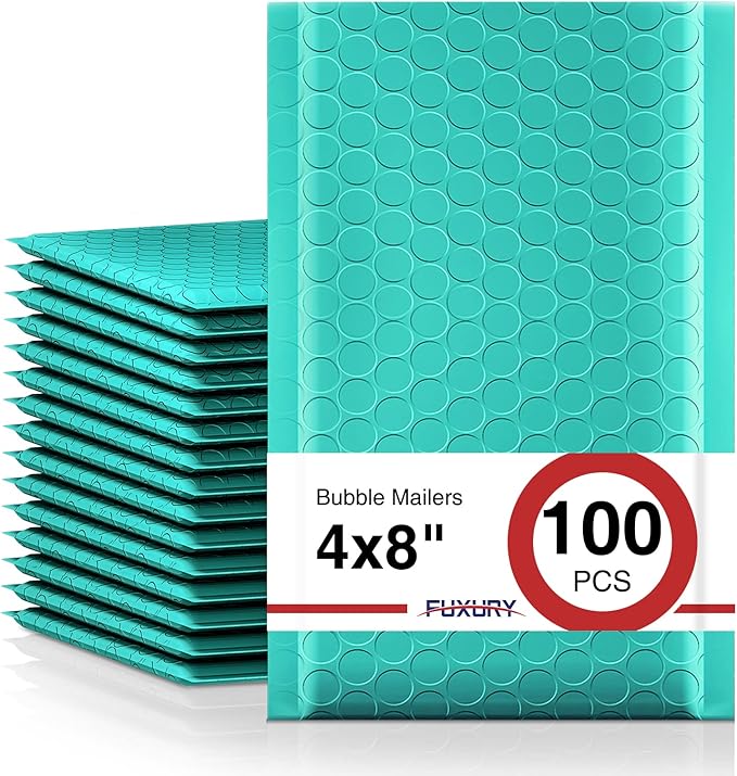 Fuxury Small Bubble Mailers 4x8" 100 Pack, Teal Bubble Mailer, Self Seal Padded Envelopes Gifts Mailing Envelopes Bubble Padded, Bubble Envelopes for Shipping, Small Business Usable Size 4x7"