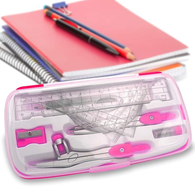 Maths Compasses Full Starter Geometry Kit with 2 Drafting Compasses Protractor 2 Set Squares Ruler Pencil and More for Students Maths Study Homework etc. Pink