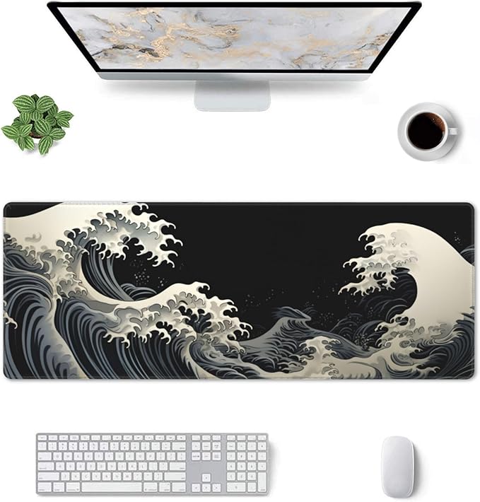 Stylish Japanese Ukiyo-e Style White and Black Ocean Wave Art Print Themed Mouse Pad 31.5 x 12 Inch, Anti-Slip Rubber Base, Ideal for Computer, Laptop, Office & Home Use