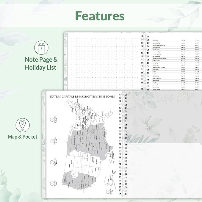 SUNEE 2026 Weekly and Monthly Planner - January 2026-December 2026, 8.5"x11" Half Weekly Half Note, Daily Agenda Planner with PVC Waterproof Cover, Monthly Tab, Note, Pockets, Bookmark, Leaf