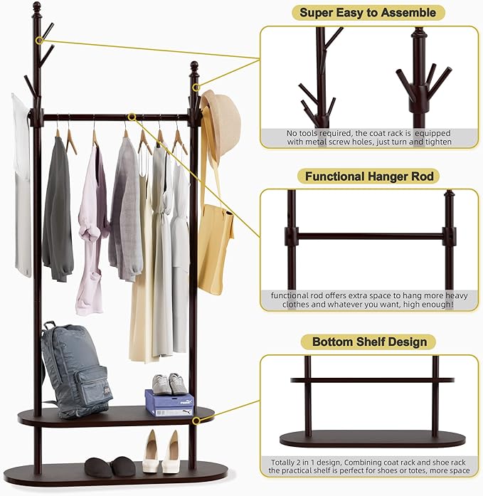 2-Tier Coat Rack Freestanding, Easy Assemble 8 Hooks Wooden Coat Rack with Shoe Storage Sturdy Coat Tree Save Space, Rustic Coat Stand for Entryway, Bedroom, Office (Dark Brown)