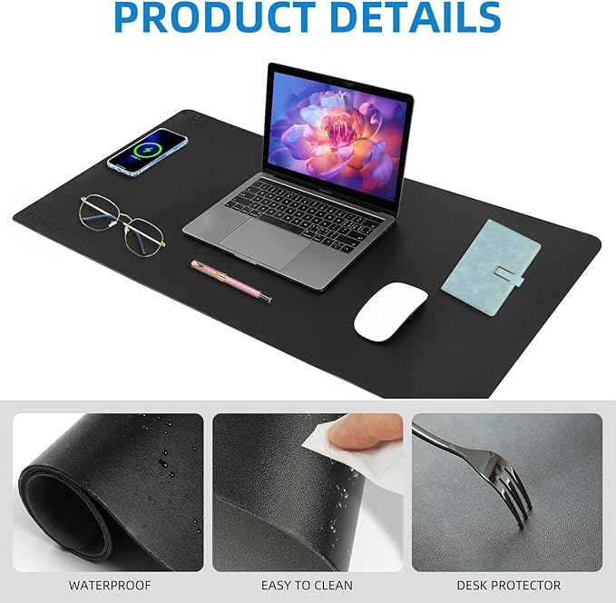 Wireless Charging Mouse Pad with for Desktop Charging Large Desk Mat 32"x16" Waterproof Black Leather Computer Mat Mousepad Non-Slip Protector on Top of Desks for Keyboard and Mouse(Black-L)