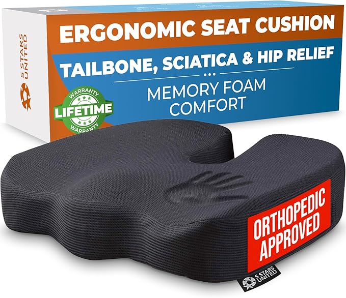 5 STARS UNITED Seat Cushion for Tailbone Pain Relief – Memory Foam Lifting Pillow for Coccyx, Hip, Hemorrhoid, Sciatica & Post-Surgery Recovery – Wheelchair, Car, Desk, Gaming & Office Chairs, Black