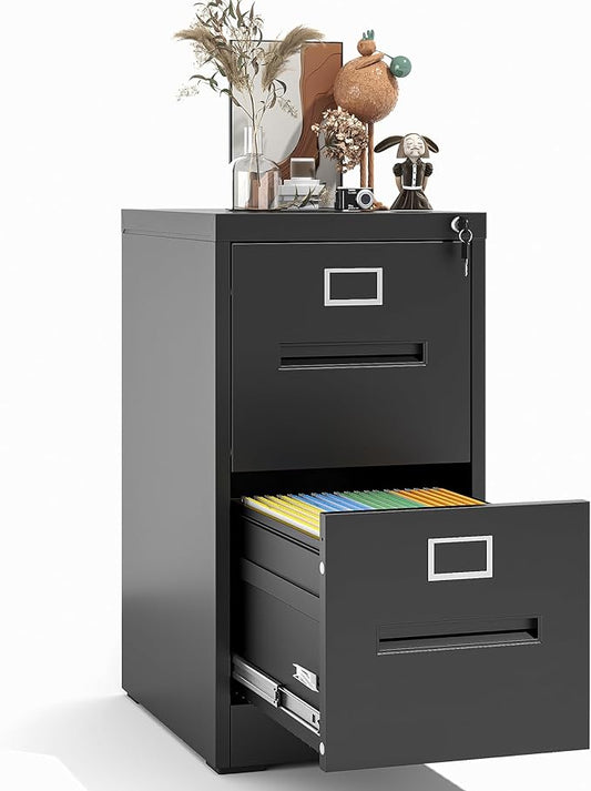 2 Drawer File Cabinet with Lock and Card Slot, Vertical Metal Filing Cabinet for Home Office Under Desk Storage for A4 Legal/Letter Folders,Silent Sliding Drawers, Assembly Required (Black)