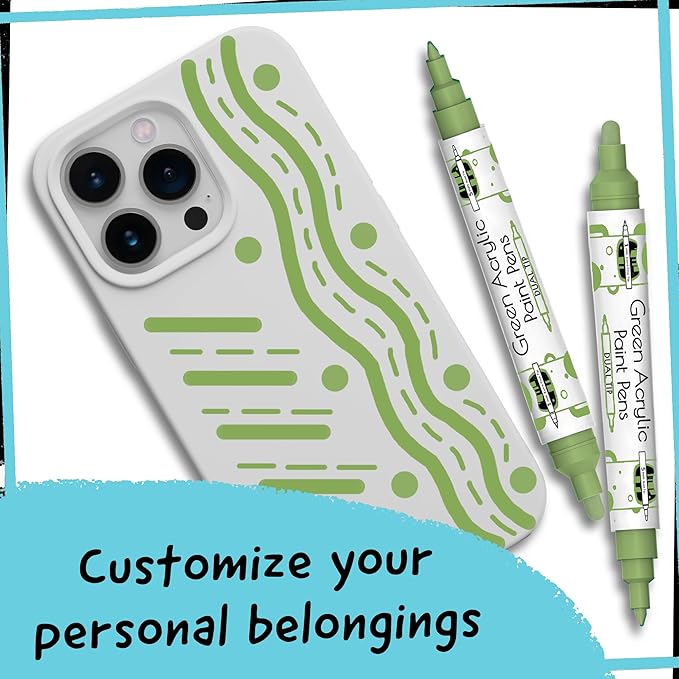 4 Dual Tip Green Paint Pen Metallic - Fine Tip & Medium Acrylic Paint Markers - Green Marker for Metal, Wood, Rock Painting, Canvas, Ceramic, Glass, Fabric, Leaf and Plastic - Water-based Ink