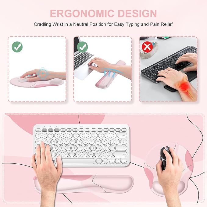 iCasso Large Gaming Mouse Pad Wrist Support Set, Desk Mat, 4in1 XXL Mousepad + Keyboard Wrist Rest+Mouse Wrist Rest+Coaster Set with Ergonomic Design for Home Office Table Computer-Pink Art