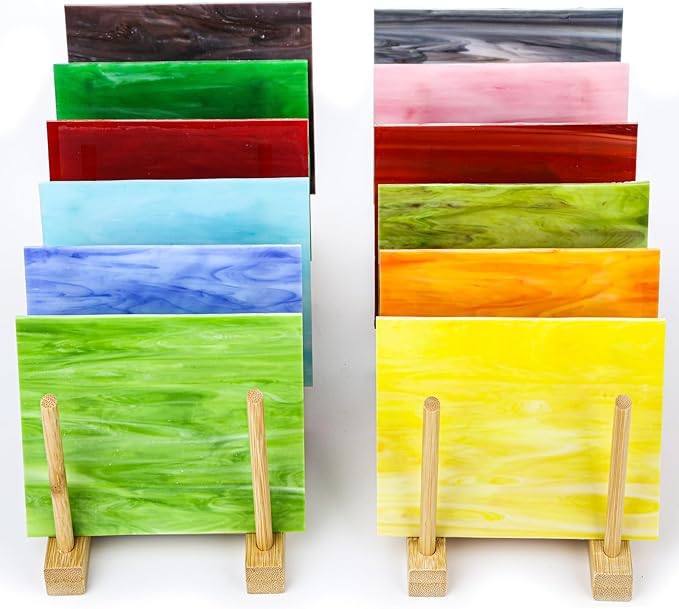 12 Sheets Opaque Stained Glass Bulk Variety Pack, 4 x 6 Inch Mosaic Glass Tiles for Crafts, Assorted Colors Cathedral Art Glasses Sheets for Stained Glass Making Projects