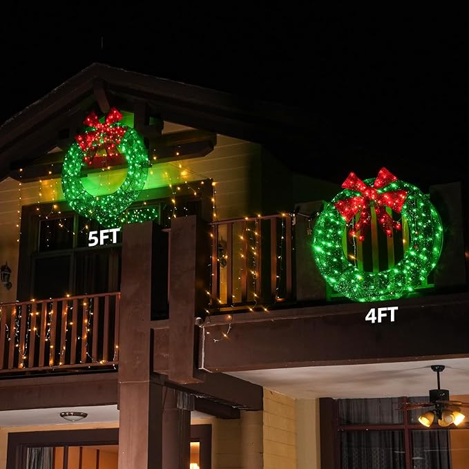 Hykolity 60 in. 3D Lighted Outdoor Christmas Wreath with 210 LED Lights & Red Bow, Christmas Holiday Yard Decoration for Garden, Porch - Green