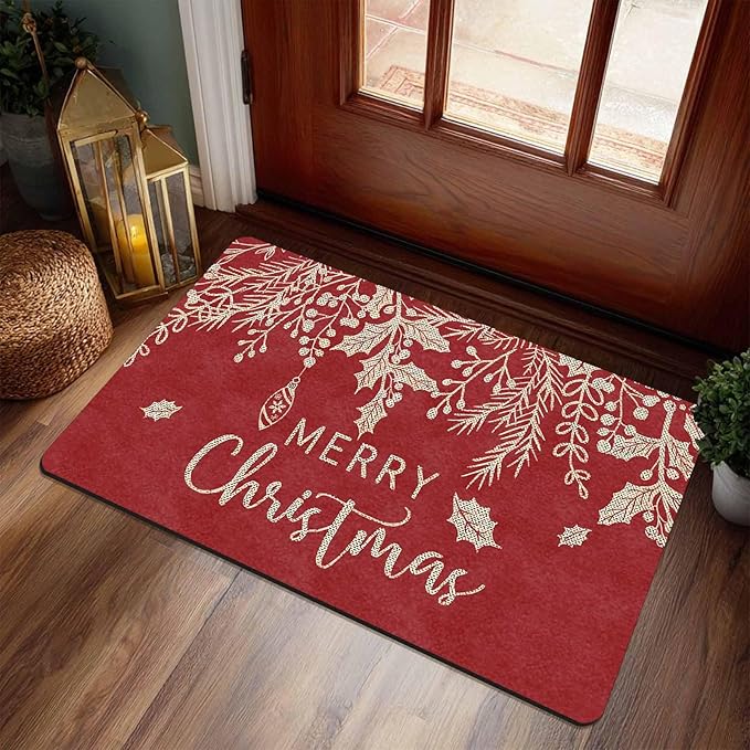 Merry Christmas Mistletoe and Holly Door Mat Front Porch Rugs Doormats Welcome Floor Mats Welcome Rug Outdoor Entry Rug for Home Farmhouse Party Decor, 16" x 24" Inch