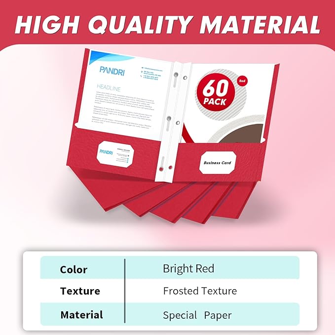Two Pocket Folders, PANDRI 60 Pack Two Pocket Folders with Prongs, 3 Prong Folders Designed for Office and Classroom, Letter Size Red