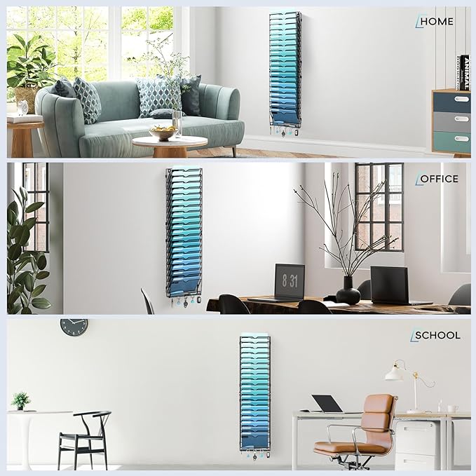 21-Tier Hanging Wall File Organizer with 5 Hooks, Wall File Holder with Labels, Vertical Wall Mount Mail Organizer for Papers, Folders, Magazines, Office Organization, Assembly Needed, Black