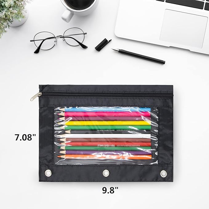 DoDoMagxanadu Binder Pencil Pouches, Pencil Pouch 3 Ring with Zipper Pulls, Clear Window Pencil Case with Rivet Enforced 3 Ring, Black 5 Pack