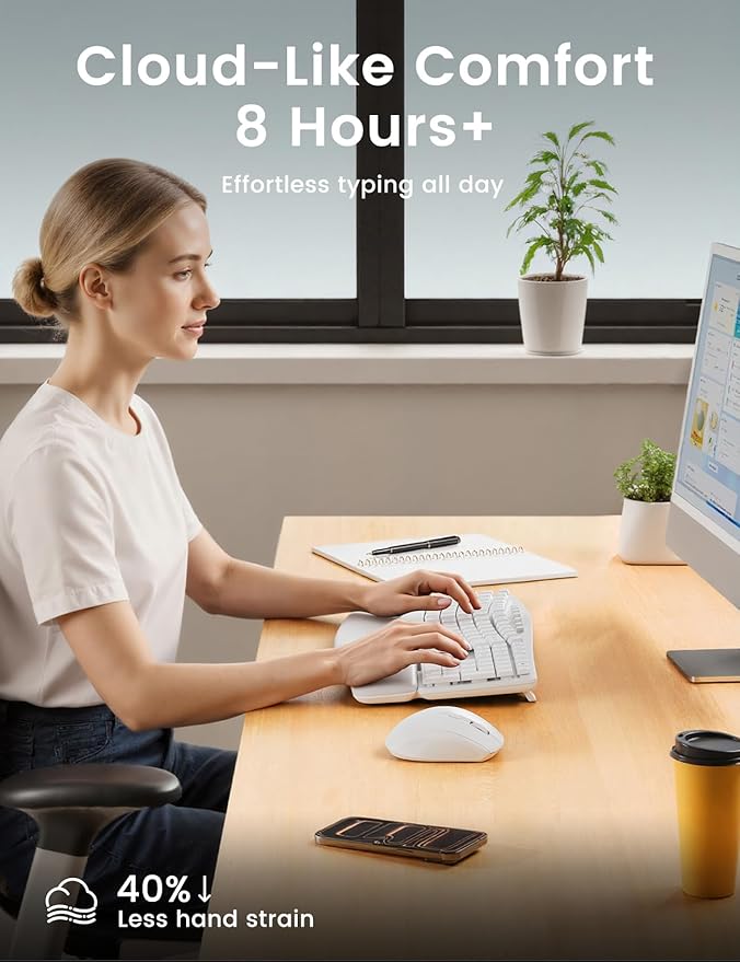 White Wireless Keyboard and Mouse Combo for MacBook & Windows, 30dB Quiet Ergonomic Keyboard Set with Wave Keys & Soft Palm Rest, Silent Typing, Dual-System Switch, Ideal for Home Office—Sablute