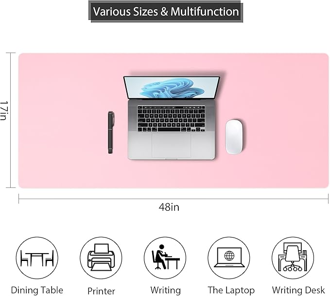 Leather Desk Pad Protector, Mouse Pad, Non-Slip Computer Mat for Desk, PU Leather Office Desk Mat for Home & Office, Waterproof Laptop Desk Blotter Pad for Keyboard and Mouse, Pink (17''X48'')